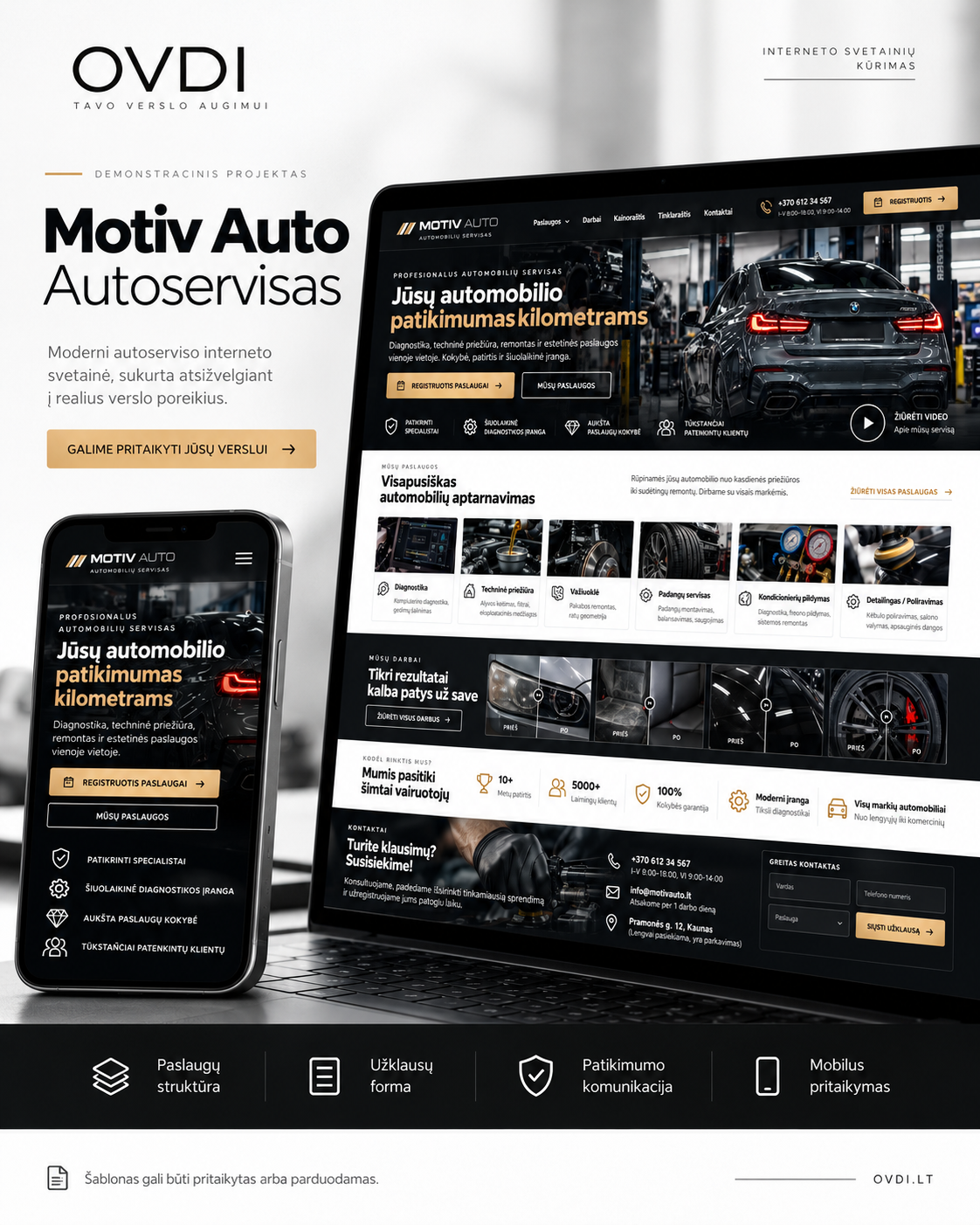 MOTIV AUTO autoserviso svetainės demonstracinis OVDI portfolio pristatymas